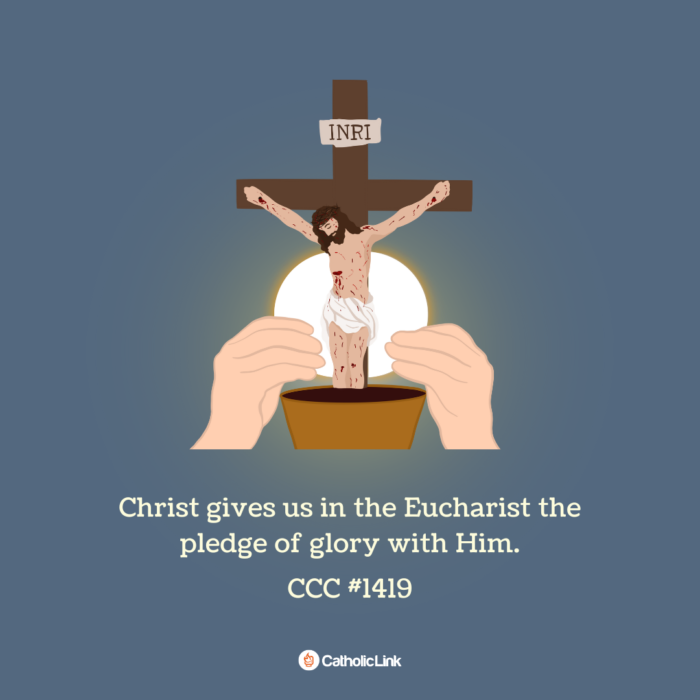 Because Christ himself is present in the sacrament of the altar, he is to be honored with the worship of adoration.
"To visit the Blessed Sacrament is . . . a proof of gratitude, an expression of love, and a duty of adoration toward Christ our Lord"
(Paul VI, MF 66).
Having passed from this world to the Father, Christ gives us in the Eucharist the pledge of glory with him. Participation in the Holy Sacrifice identifies us with his Heart, sustains our strength along the pilgrimage of this life, makes us long for eternal life, and unites us even now to the Church in heaven, the Blessed Virgin Mary, and all the saints.
Catechism Of The Catholic Church #1418-1419