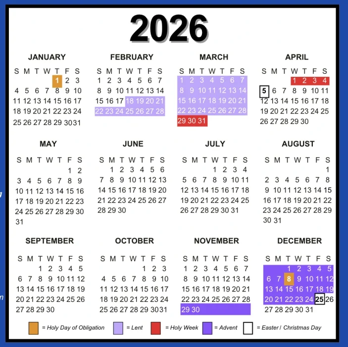 2026 Holy Days of Obligation Liturgical Calendar