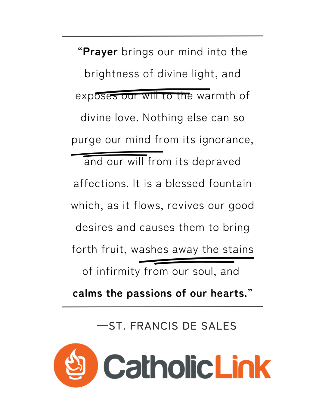 “Prayer brings our mind into the brightness of divine light, and exposes our will to the warmth of divine love. Nothing else can so purge our mind from its ignorance, and our will from its depraved affections. It is a blessed fountain which, as it flows, revives our good desires and causes them to bring forth fruit, washes away the stains of infirmity from our soul, and calms the passions of our hearts.” ﻿ —St. Francis de Sales