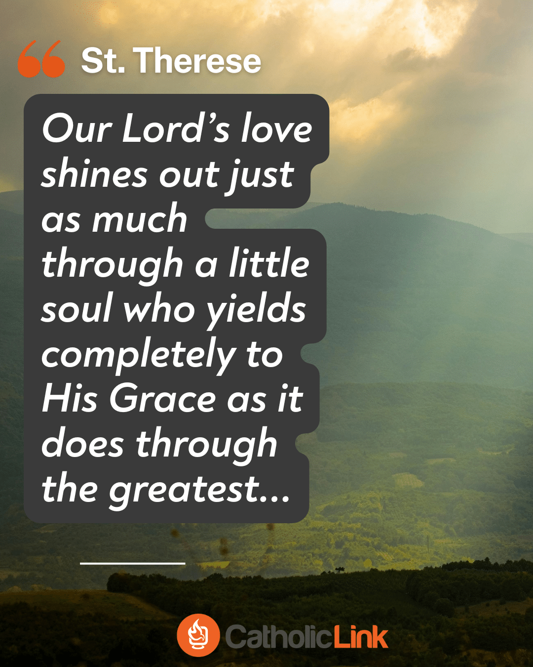 "Our Lord’s love shines out just as much through a little soul who yields completely to His Grace as it does through the greatest . . . Just as the sun shines equally on the cedar and the little flower, so the Divine Sun shines equally on everyone, great and small. Everything is ordered for their good, just as in nature the seasons are so ordered that the smallest daisy comes to bloom at its appointed time." St. Therese of Lisieux